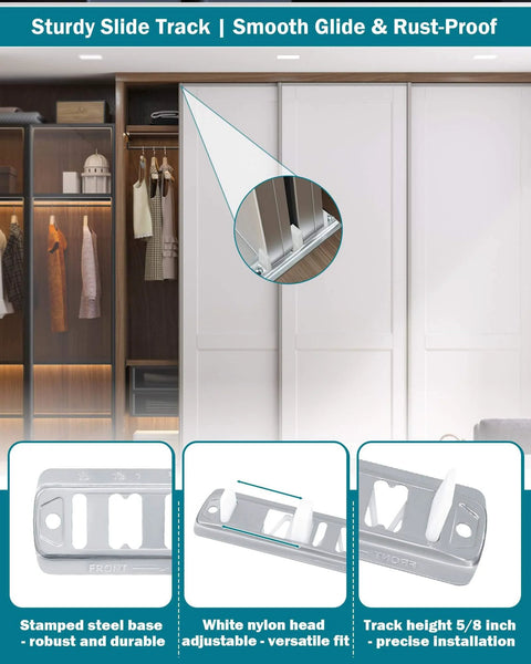 Sliding Closet Door Roller Kit With Track For Top Hung Doors Replacement Set Includes Front And Rear Nylon Wheels No Squeak Quiet Smooth Sliding Easy Peasy Install Durable Zinc Alloy Hardware 5 Piece Package With Screws shown with sturdy slide track and components