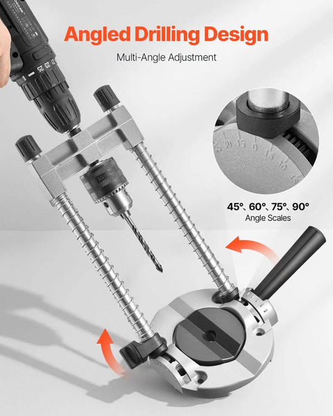 Pro Grade Multi Angle Drill Guide Jig For Woodworking Portable Precision Drilling Guide With 45 Degree 60 Degree 75 Degree 90 Degree Settings Aluminum Alloy Build Large Handle Mounting Holes For Accurate Angled Or Straight Holes showing multi-angle adjustment and angle scales close-up.