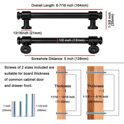 Dimensions and installation guide for 5 inch black and nickel cabinet pulls with included screws, showing handle measurements and compatibility.