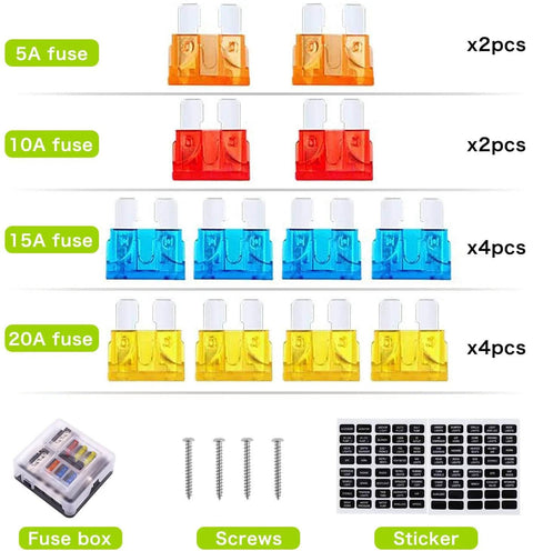Colorful fuses and components for Waterproof 6 Way Fuse Block With Ground Negative Busbar, 100 Amp Max, LED Indicator, 12-24V DC.