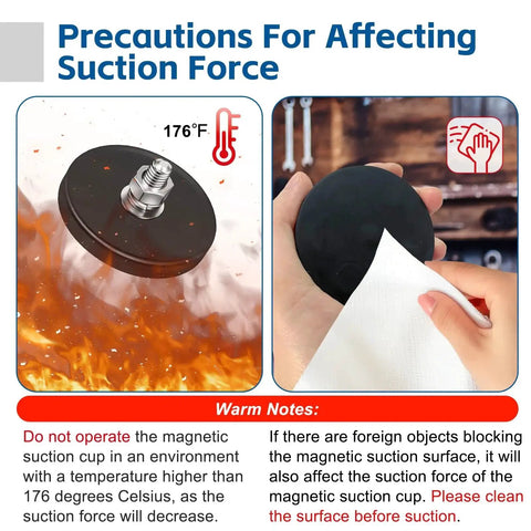 4-pack rubber-coated neodymium magnets with M6 bolt; two-panel diagram shows 176°F heat warning and cleaning with cloth.