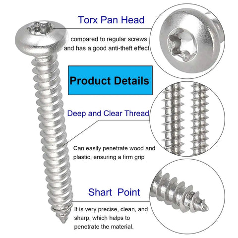 Close-up of Torx pan head screw with deep thread and sharp point, 125 Piece Torx Pan Head Stainless Wood Screws Set With T20 Bit M4 X 16 20 25 30 40 mm 304 Stainless Steel Self Tapping Screws For Wood Plastic And Soft Metal Built For Tough Jobs.