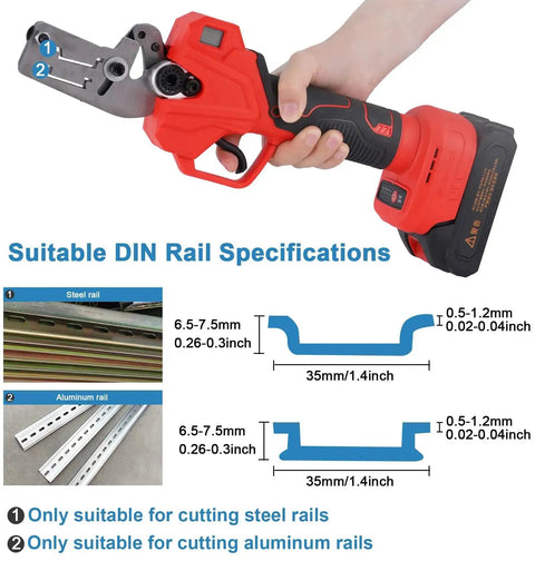 Hand holding Electric Din Rail Cutter With Double Groove And Rechargeable Battery, cutting 35mm wide aluminum and steel DIN rails