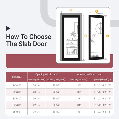 Dimensions guide for choosing Mirror Slab Door 24x80 One Side French Interior Pocket Barn Door Solid Wood Paintable Black Pre Finished Panel.