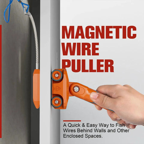 Hand using Powerful Magnetic Wire Puller for electrical wiring, guiding cable through wall with rare earth magnets and stainless steel leader.