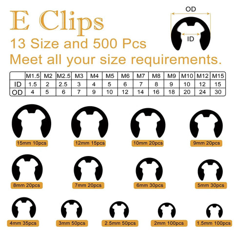 Diagram showing 13 E Clip sizes from 1.5mm to 15mm, part of Heavy Duty C And E Clip Assortment Kit With 1000 Pieces, Black Carbon Steel