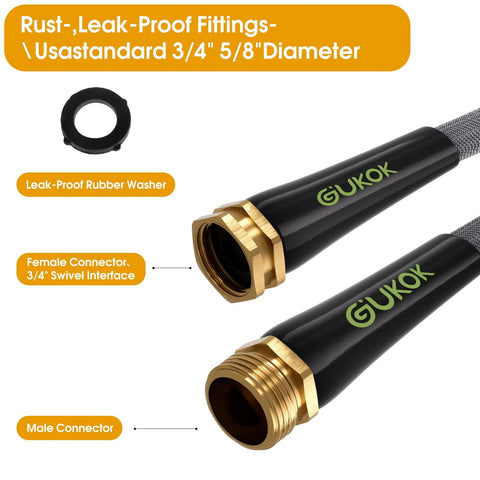 GUKOK 100 ft black garden hose with brass male and female connectors, leak-proof rubber washer, 3/4 swivel interface