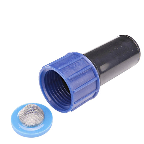 Two-piece compression swivel adaptor with washer for 5/8-in tubing to 3/4-in MHT hose, blue nut on black body