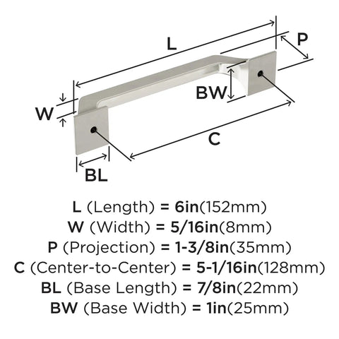 Dimensions diagram of Satin Nickel Exceed Transitional Cabinet Pull Five And One Sixteenth Inch Center To Center With Six Inch Overall Length
