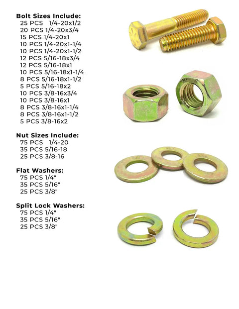 All In One Grade 8 Hex Cap Bolts Screws Nuts Washers Lock Washers Set With Heavy Duty Tray 574 Piece Coarse Thread Hardware Kit Includes 1/4 In, 5/16 In, 3/8 In Zinc Yellow Finish components displayed