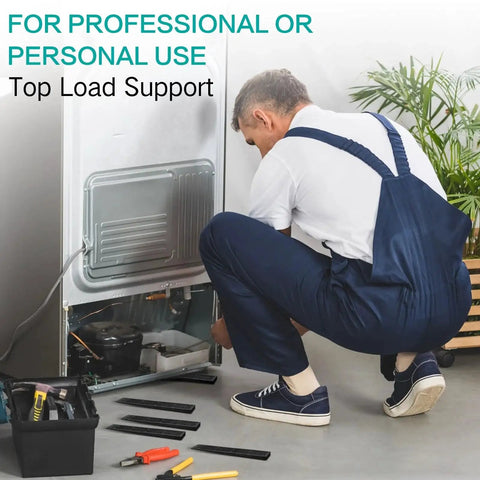 Person installing appliance with 8 Inch Composite Plastic Leveling Shims 250 Pack For Heavy Duty Furniture nearby