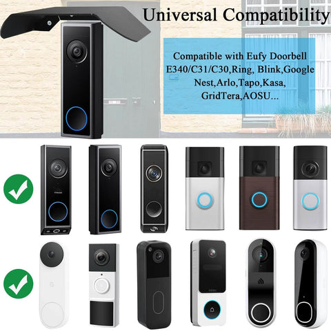 Universal compatibility display for All Weather Stainless Steel Doorbell Rain Cover That Bosses Up Outdoor Protection With Anti Glare Sun Shade Built Tough Against Rain And Sun Durable Weatherproof Shield For Video Doorbells Compatible With E340 C31 C30 S330 S220 And 2K Security Models.