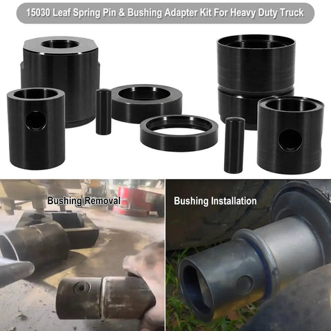 Leaf Spring Pin And Bushing Adapter Service Kit Remover And Installer Tool Set For Heavy Duty Trucks And Equipment Pro Grade Maintenance Kit For Fleet Mechanics And Auto Shops, showing various adapter tools in black steel for bushing removal and installation.