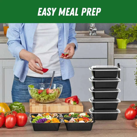 Person preparing salad with Fifty Pack Of Hundred Piece 24 Oz Meal Prep Containers With Lids Reusable Durable Leakproof And Food Safe Microwave Freezer And Dishwasher Safe For Takeout And To Go Storage BPA Free stacked on counter.