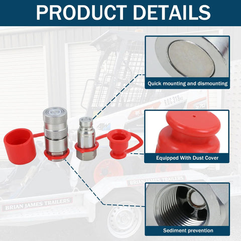 1/4 in skid-steer flat-face hydraulic quick-connect couplers set of two with red dust covers and metal bodies