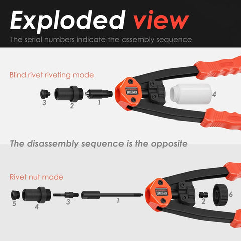 Exploded view of Dual Function Rivet Nut Tool Kit With 405 Rivet Nuts Blind Rivets 15 Mandrels And 5 Nozzles showing assembly sequence.