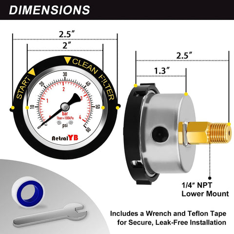 AetralYB 60 PSI pool filter pressure gauge with 2-inch dial, back-mount 1/4 in NPT, 304 stainless steel case
