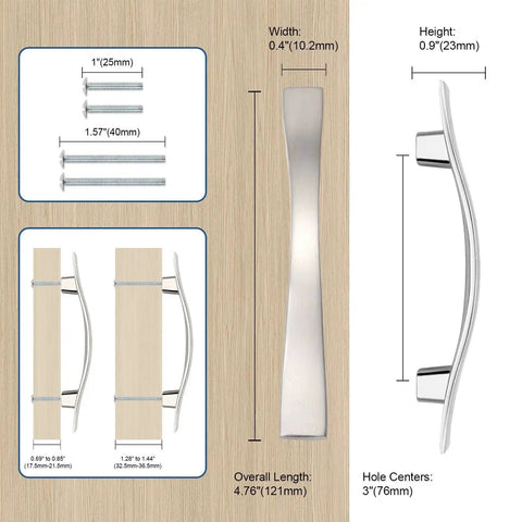 Solid Zinc Alloy Drawer Knob And Pull Set In Satin Nickel Finish, 3-inch centers, dimensions and screws detailed view.