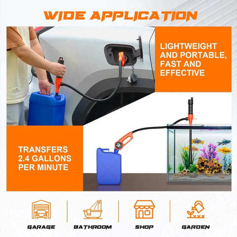 Beast Portable Fuel Transfer Pump With Battery Power for Gasoline Diesel Water, shown transferring fuel with ergonomic nozzle