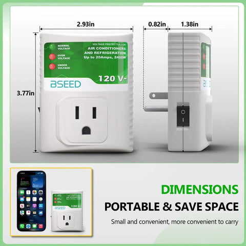 Heavy Duty Surge Protector For Refrigerator And Home Appliances 120V 20A 2400W Plug In Protector, front and side view with dimensions