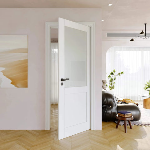 Dope 32x80 Solid Core Frosted Glass Interior French Door Slab installed in a modern living room, single panel.