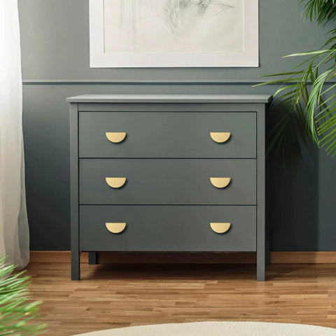 Dresser with Solid Brass Cabinet Pulls 5 Pack Gold Half Moon Drawer Handles For Kitchen Cabinets And Dressers, brushed brass finish.