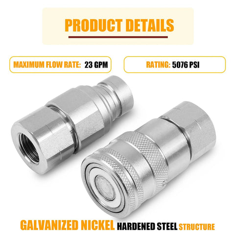 RANSOTO 2-pack 1/2in NPT flat-face hydraulic quick-connect couplers, galvanized nickel hardened steel