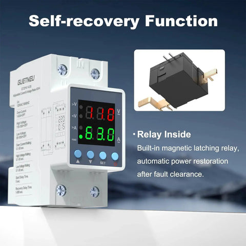 Over And Under Voltage Protector With Adjustable Current And Voltage, 120VAC 63A, LED Display showing voltage and current levels