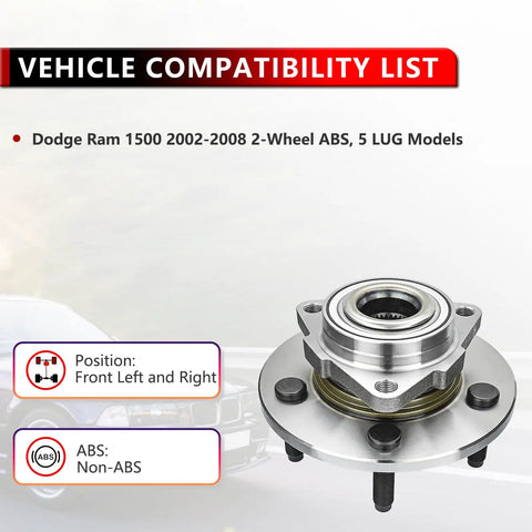 Front Wheel Hub And Bearing Assembly For Dodge Ram 1500 Non ABS 5 Lug 2002 2003 2004 2005 2006 2007 2008 Replacement Wheel Hub Bearings