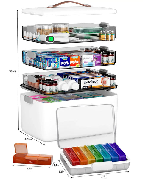 4 Tier XL Medicine Organizer with leather handle showing compartments full of medicine bottles and pill cases, ideal for home and travel