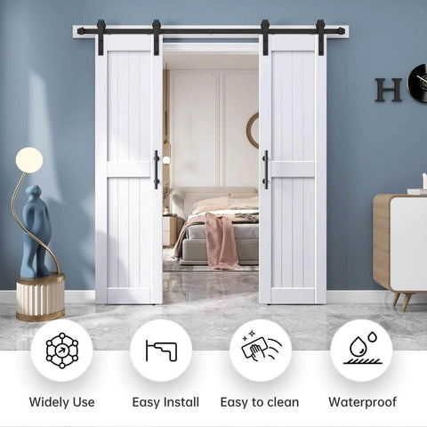 Double 24x84 Inch White Barn Doors With 8 Ft Sliding Door Hardware Kit Included installed in modern living room, solid wood.