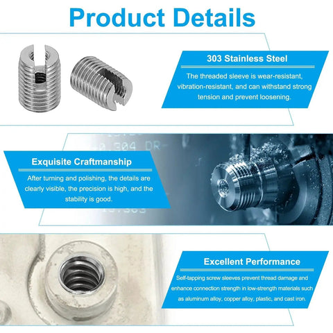 Front and side views of 303 stainless steel self-tapping, slotted threaded inserts (M6/M9 x 12mm), 20 pcs.