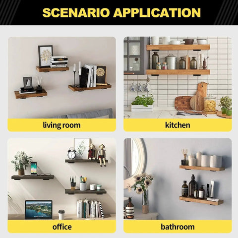 Various shelves with 10 Inch Black Hidden L Shelf Brackets Set Of 12 Heavy Duty Iron Floating Shelf Brackets in different home settings.
