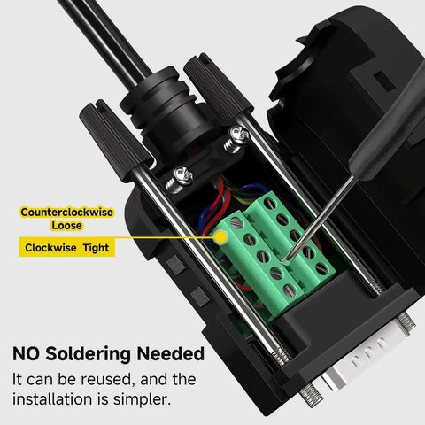DB9 Breakout Connector for RS232 and RS485 Solderless D Sub Serial Adapter Board with screw terminals and long bolts shown in case