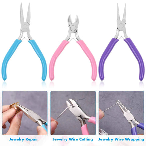 Essential 3 Piece Jewelry Pliers Set for DIY Wire Wrapping and Repairs with Needle Nose, Chain Nose, Round Nose Pliers and Wire Cutter by Shynek for Jewelry Making Supplies Beading and Craft Projects, view of three pliers with colorful grips.