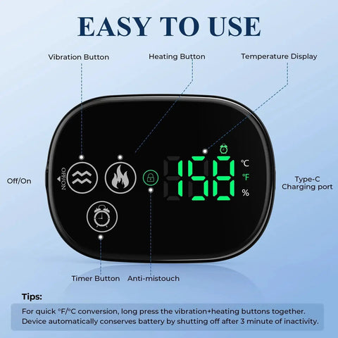Close-up of control panel for Cordless Shoulder Heating Pad With Massager showing buttons for vibration, heating, timer, and temperature display.