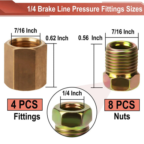 Brass 1/4 in brake line fittings kit with 4 fittings and 8 nuts, 7/16-24 threads for 1/4 in brake tube (Amazon)