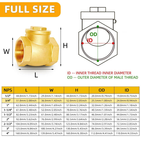 Brass 3/4 NPT horizontal check valve with threaded ends; prevents backflow, shown with L, W, H, OD, ID dimensions.