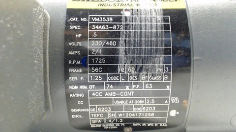 Close-up of label on 0.5 HP 1725 RPM 3-Phase 60Hz TEFC 56C Frame Single Industrial AC Motor, showing specifications and ratings.