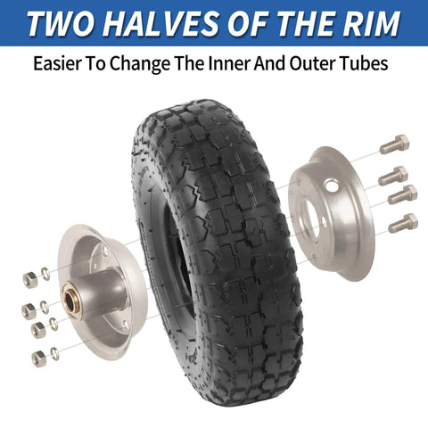 4.10/3.50-4 Inch Tire And Wheel Set, 10 Inch Pneumatic Wheel With two halves of rim, sealed bearings, bolts, and nuts