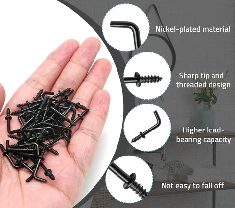 Hand holding 100 Pack Half Inch L Shaped Screw Hooks Right Angle Metal Hooks For Hanging Kitchen And Bedroom Organization Rust Proof Carbon Steel