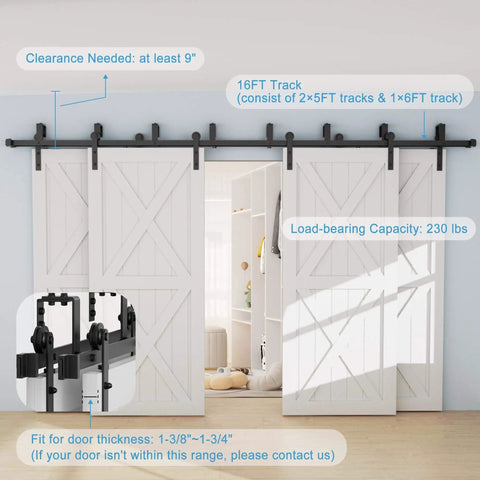 Sixteen Foot Four Door Bypass Sliding Barn Door Hardware Kit With Double Track System installed in living space