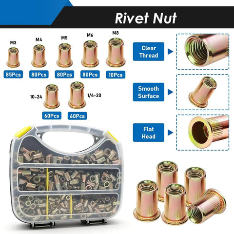 Rivet Nut Tool Kit With 7 Mandrels And 455 Rivet Nuts, includes various sizes in storage case, with close-up of rivet nuts.