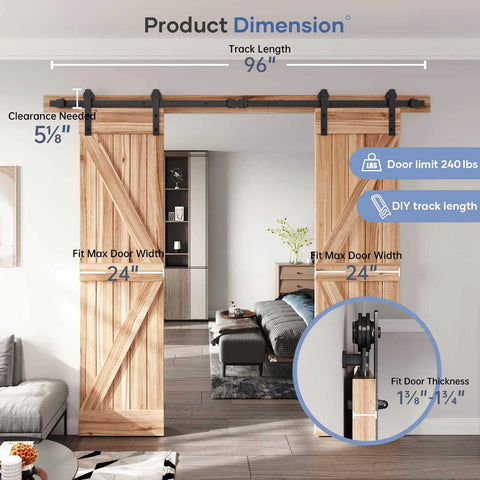 8 Ft Double Sliding Barn Door Hardware Kit With Straight Pulleys Heavy Duty Track System For 24 Inch Wide Double Doors installed
