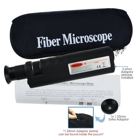Amazon black handheld fiber optic microscope with 2.5mm adapter, LED light, and black pouch