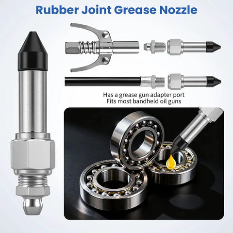 Rubber joint grease nozzle with detachable injector from 7 Piece Grease Gun Needle Tips Accessories Kit Set with nozzles and fittings.
