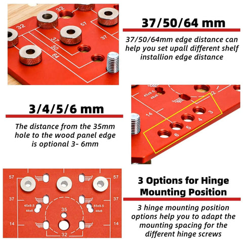 Shelf Pin Jig And Hinge Jig 2 In 1 Pro Grade Adjustable Drilling Guide for Woodworking display with measurements and features.