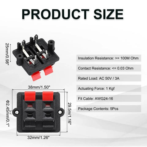 Image showing 4 Way Spring Terminal Clip Push Release Connector Plate Jack Socket Speaker Terminal Strip Block Jointing Clamp Test Clip WP4-03B 5Pcs for speaker wiring with dimensions and specifications.