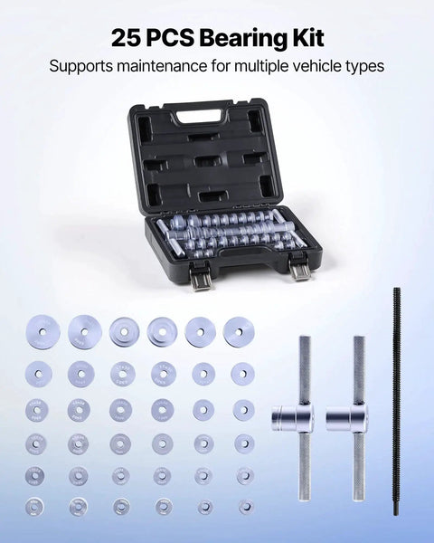 Bicycle Bearing Press Kit For Wheel And Hub Installation With Bushings And Wrenches 25-Piece Set displayed with components