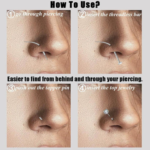 Steps showing the use of Curved Titanium Pro Grade Piercing Kit 20G 18G 16G 14G With Insertion Taper Pin for nose piercing.